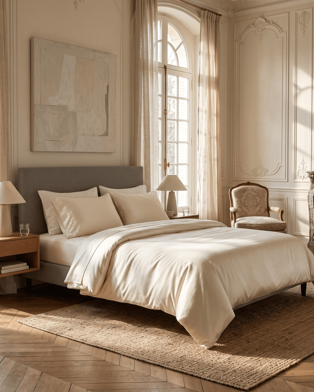 A neatly made bed with cream bedding and matching pillows in a softly lit, elegant bedroom with paneled walls, sheer curtains, a wooden floor, and a small upholstered chair.