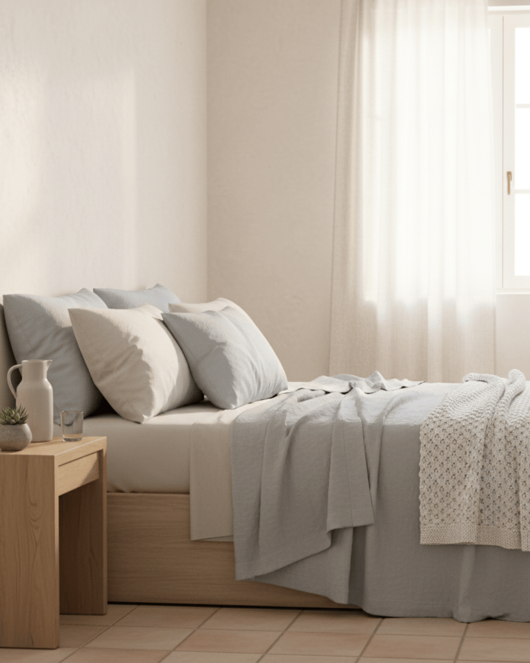 Neatly made bed with light-colored bedding in a bright bedroom.