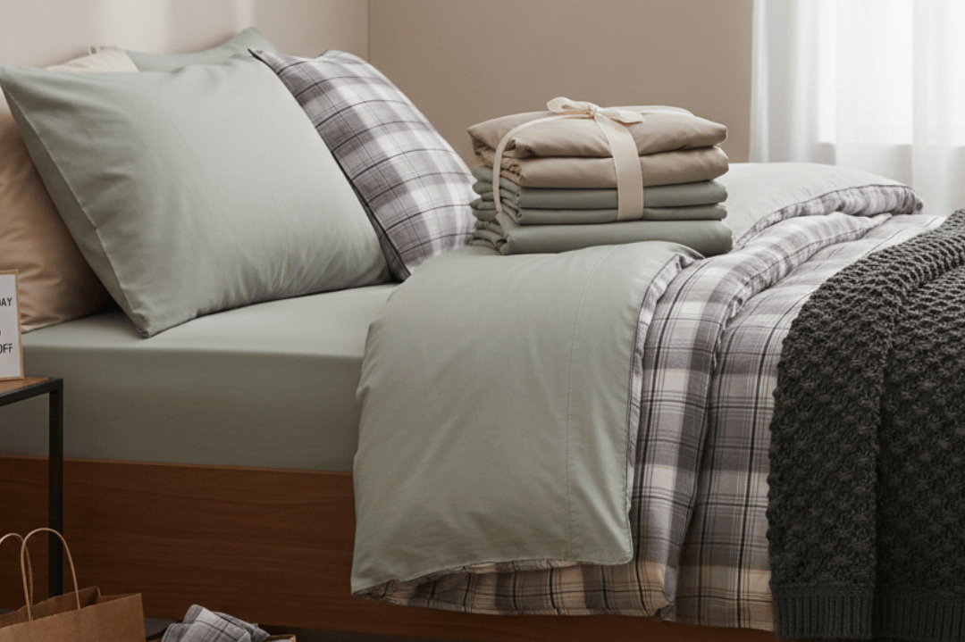 Bedroom with neatly made bed and folded clothes on a wooden floor.
