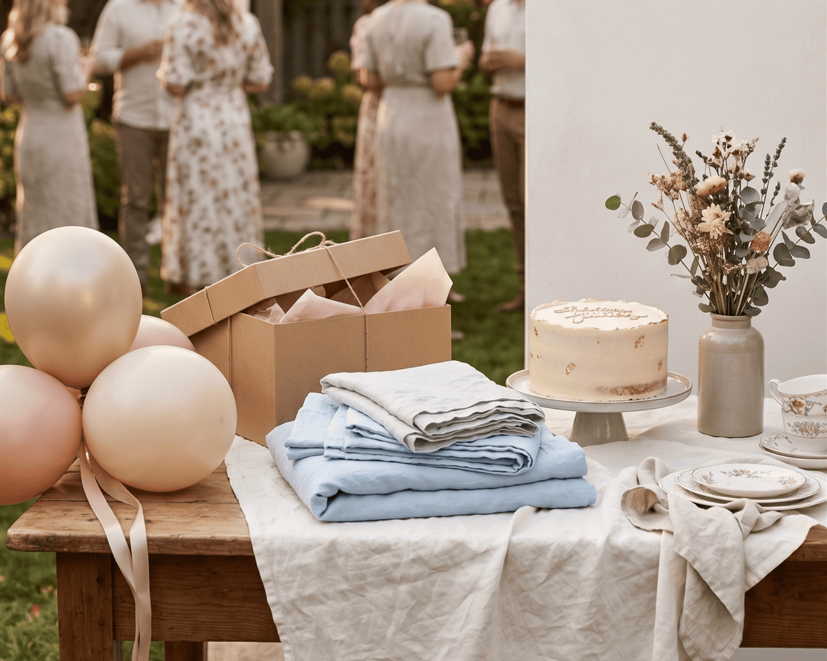 A styled outdoor event table featuring folded light blue and gray textiles, a kraft gift box with pink tissue, blush balloons, a decorated cake, and a vase of dried flowers, with blurred people standing in the background.