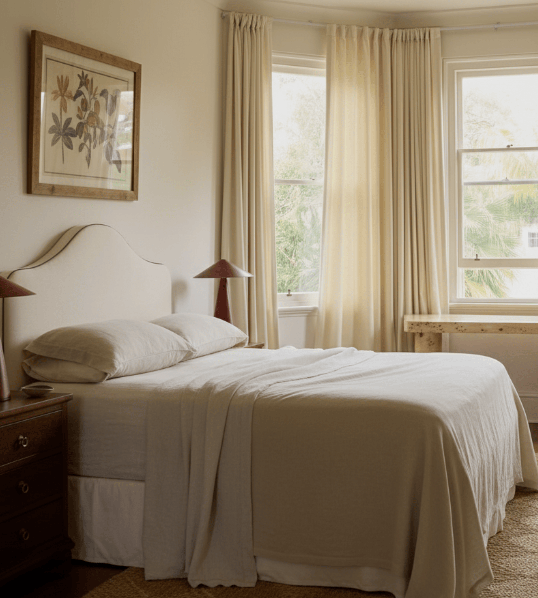 Neatly made bed in a bedroom with curtains and a painting on the wall.