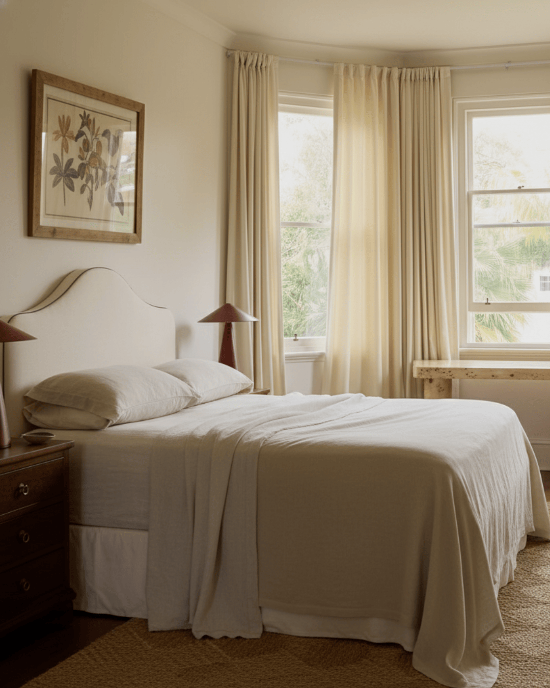 Neatly made bed in a bedroom with curtains and a painting on the wall.