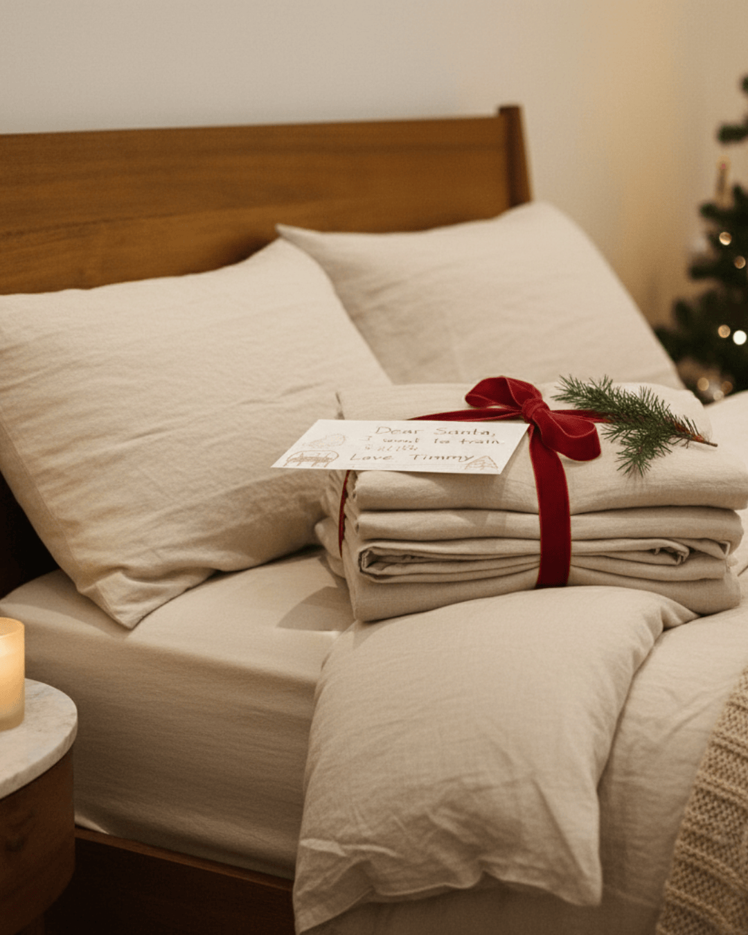 Stack of folded towels with a red ribbon on a bed in a cozy bedroom setting.