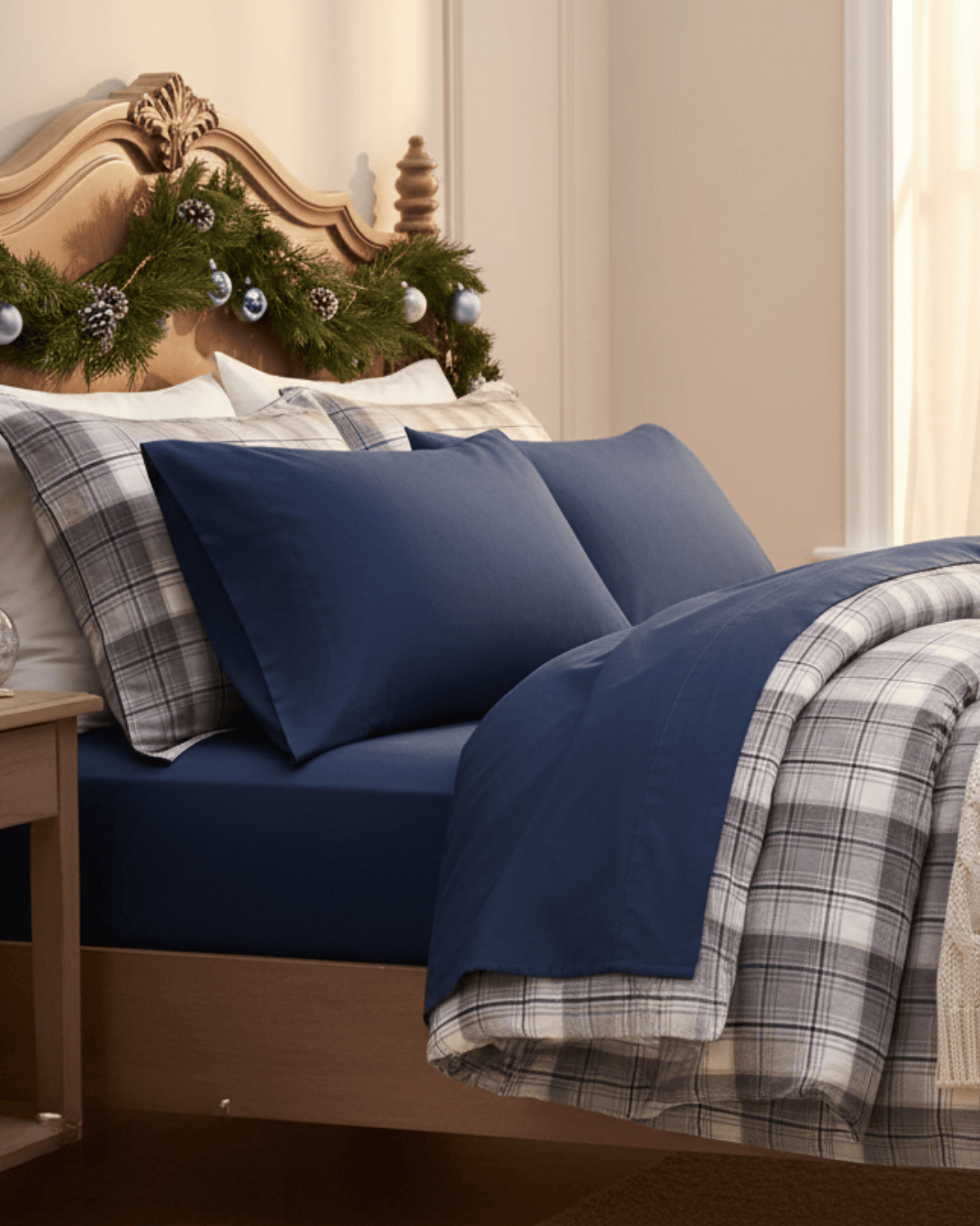 Bed with blue bedding and plaid blanket, Christmas decorations on headboard