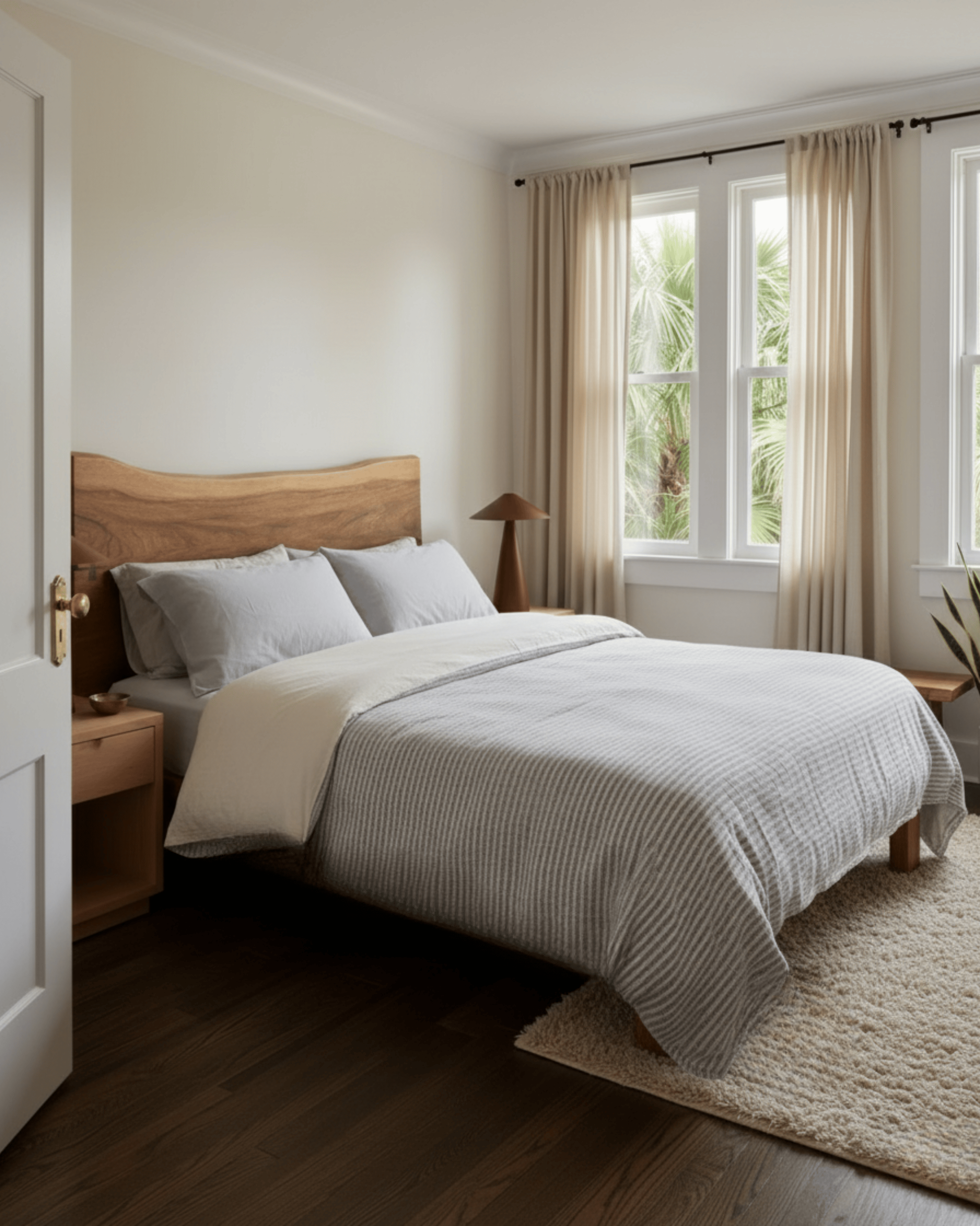 Bedroom with wooden headboard and large window, light gray bedding