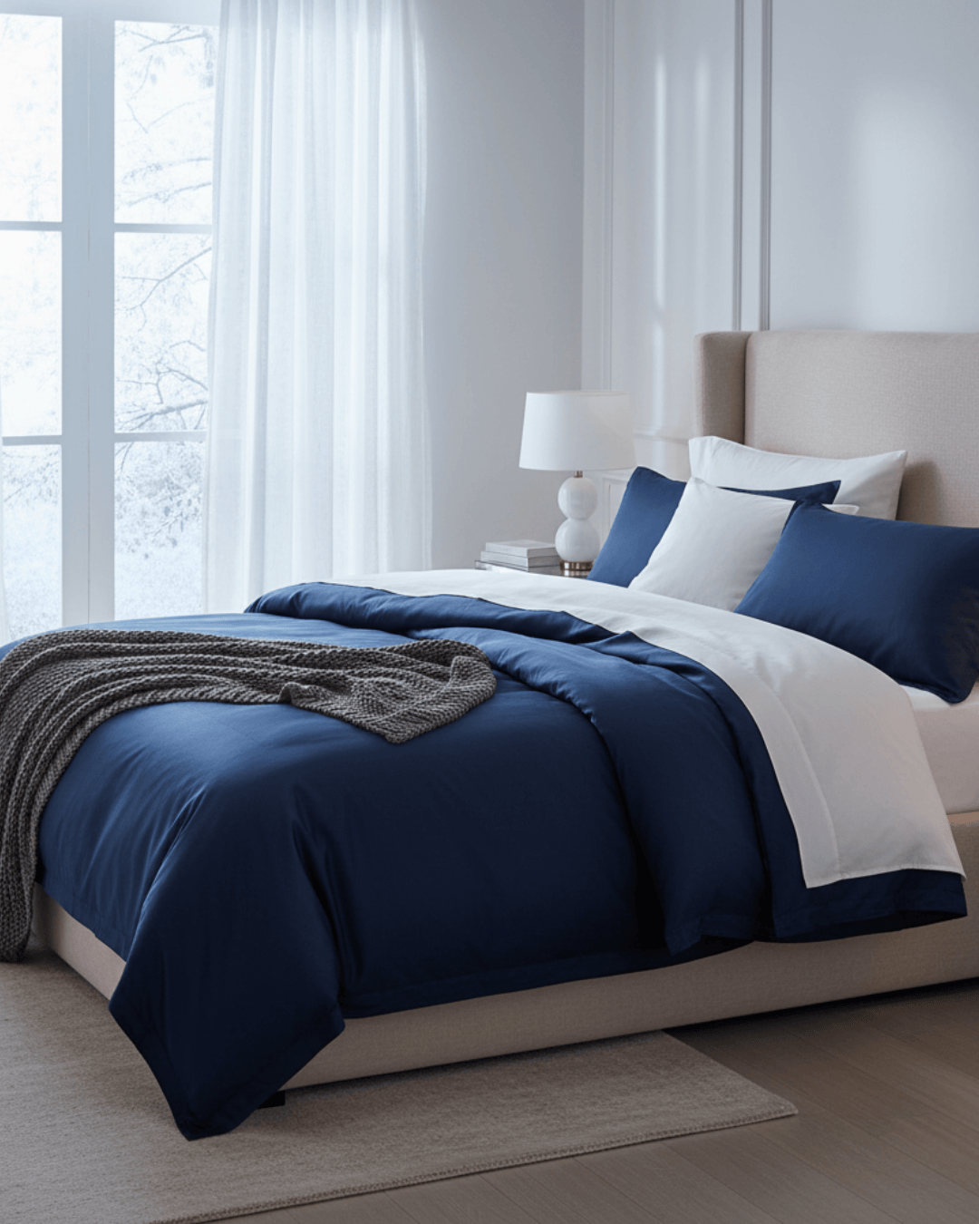 Bedroom with a bed featuring navy and white bedding, and a lamp on a nightstand.
