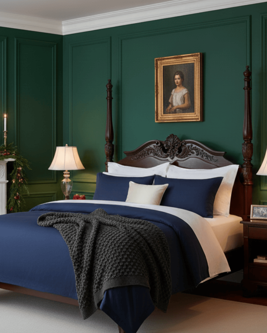 Bedroom with dark green walls, wooden headboard, and decorative pillows.
