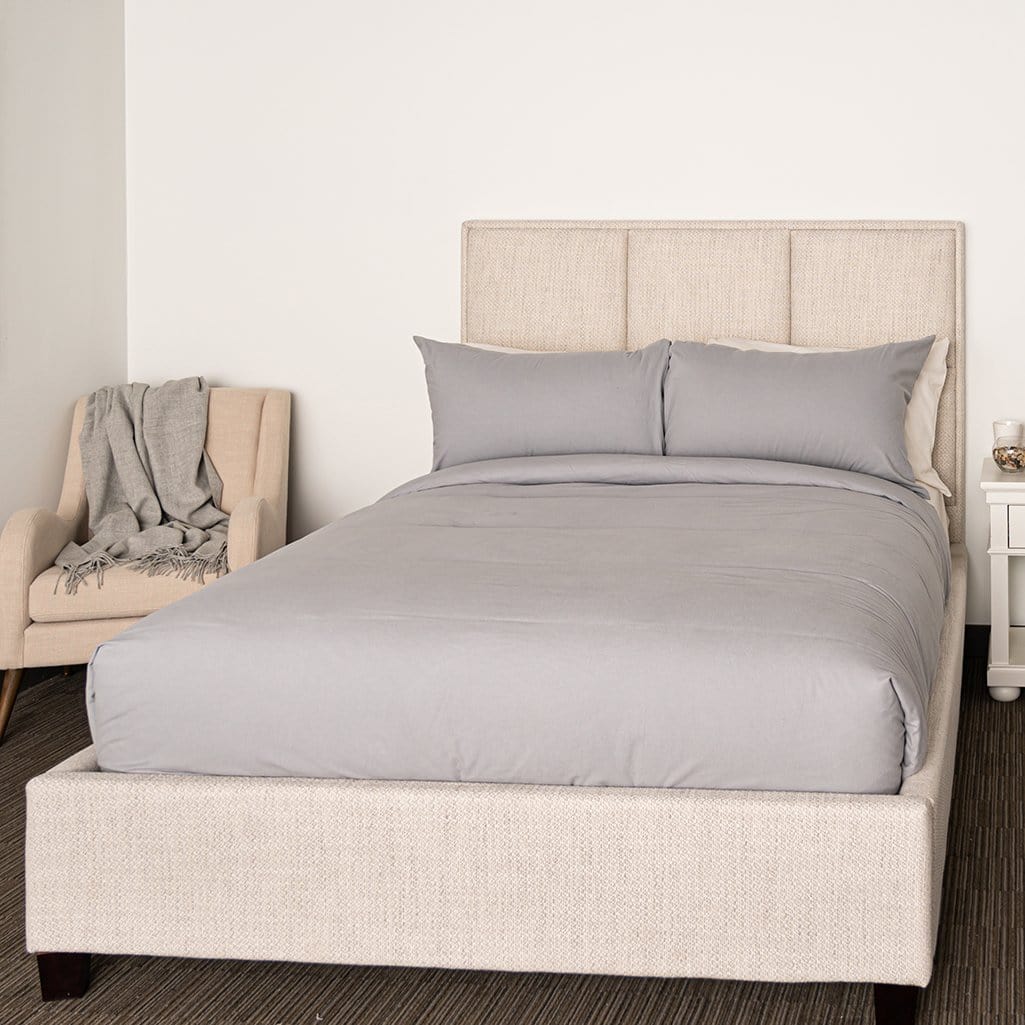 Bed Featuring Pewter Organic Duvet SET with Chalk Organic Flannel Sheet set