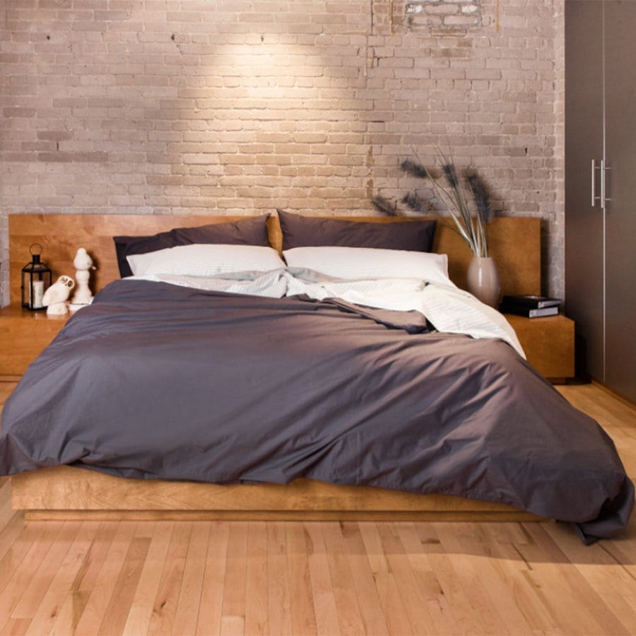 Bed Featuring Charcoal Stripe Sheet Set