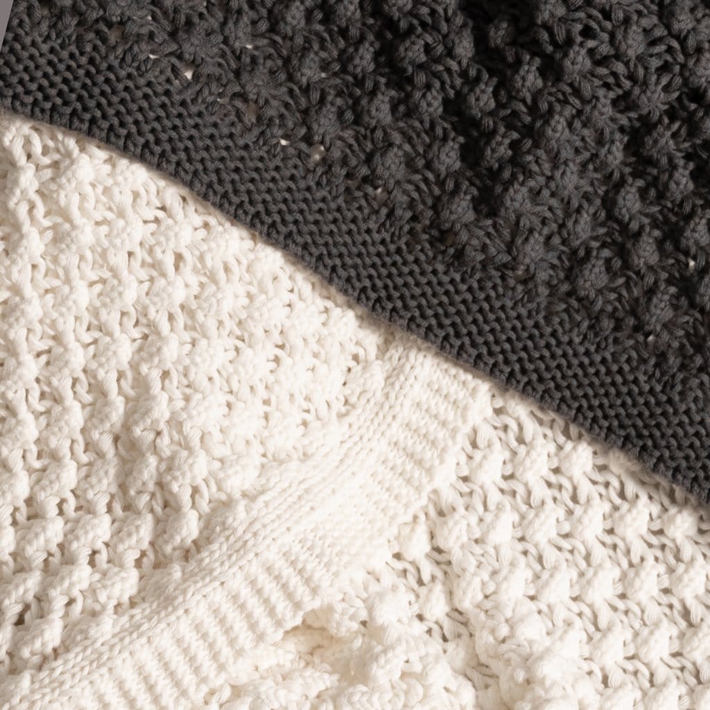  Close up of Charcoal and Ivory Popcorn knit blanket