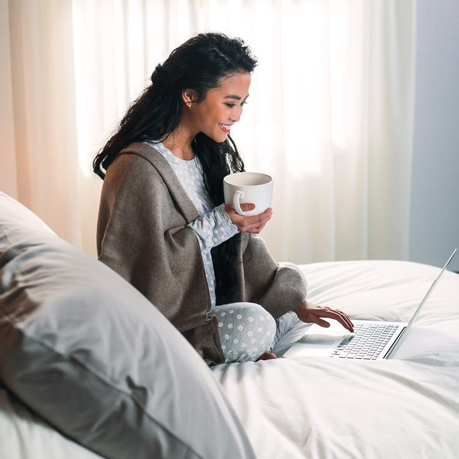 Woman In Bed Featuring White Refined Sateen Duvet Cover