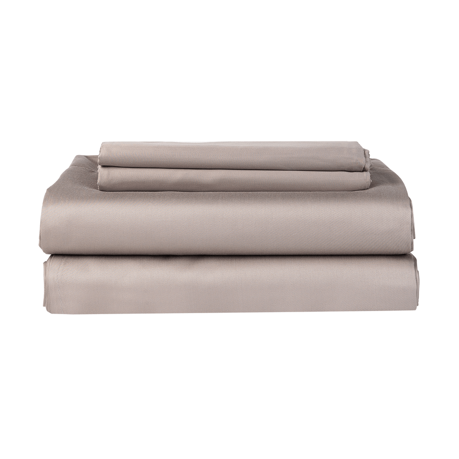 Folded refined sateen sheet set in warm grey 
